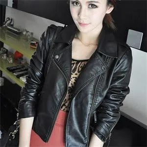 Turn Down Collar Women Leather Jackets Slim PU Leather Motor Jacket for Women Plus Size 2XL SM6