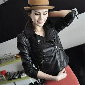 Turn Down Collar Women Leather Jackets Slim PU Leather Motor Jacket for Women Plus Size 2XL SM6