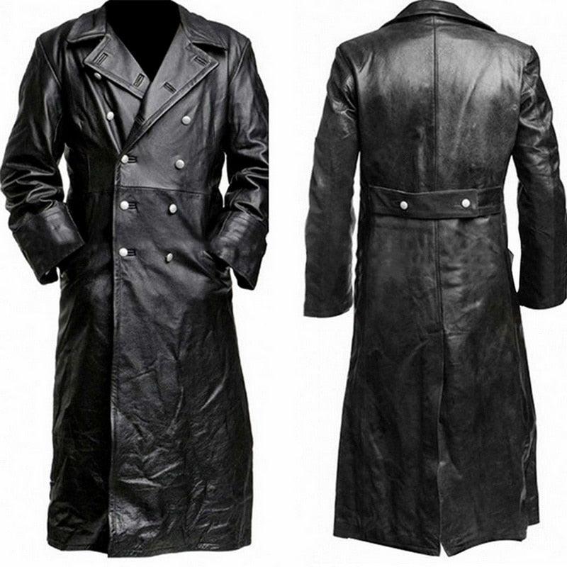 Vintage PU Leather Men's Officer Coat with Buttons