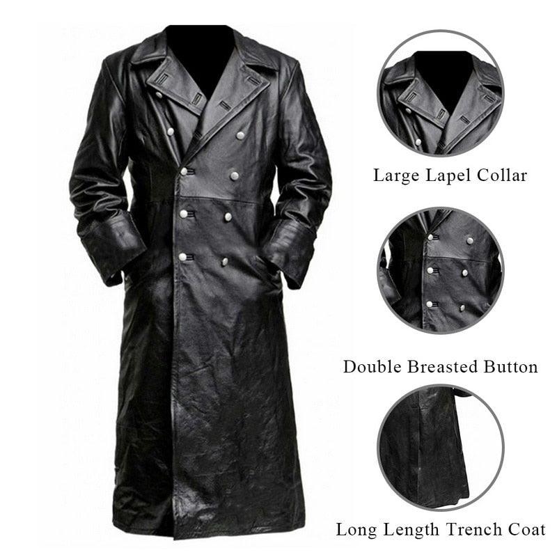 Vintage PU Leather Men's Officer Coat with Buttons