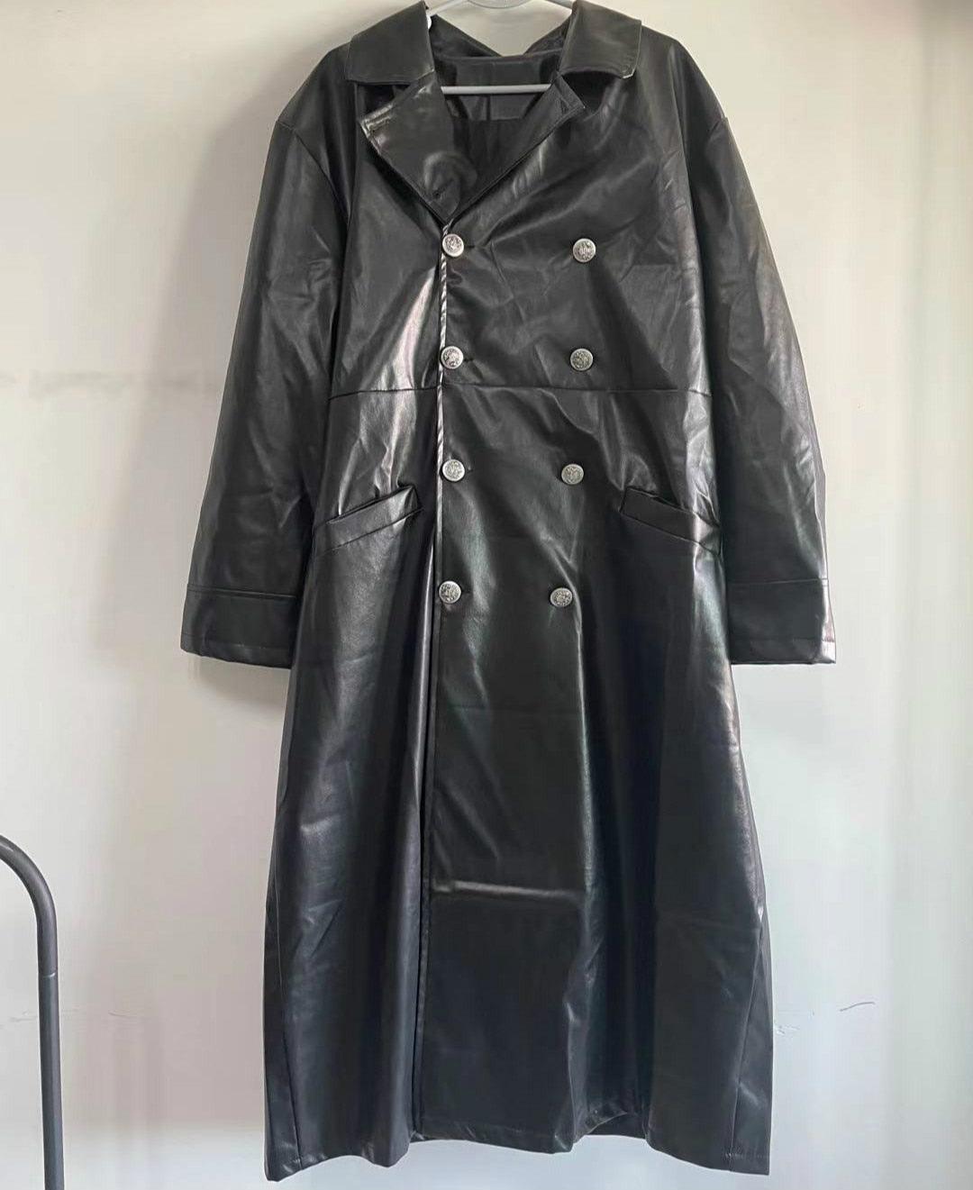 Vintage PU Leather Men's Officer Coat with Buttons