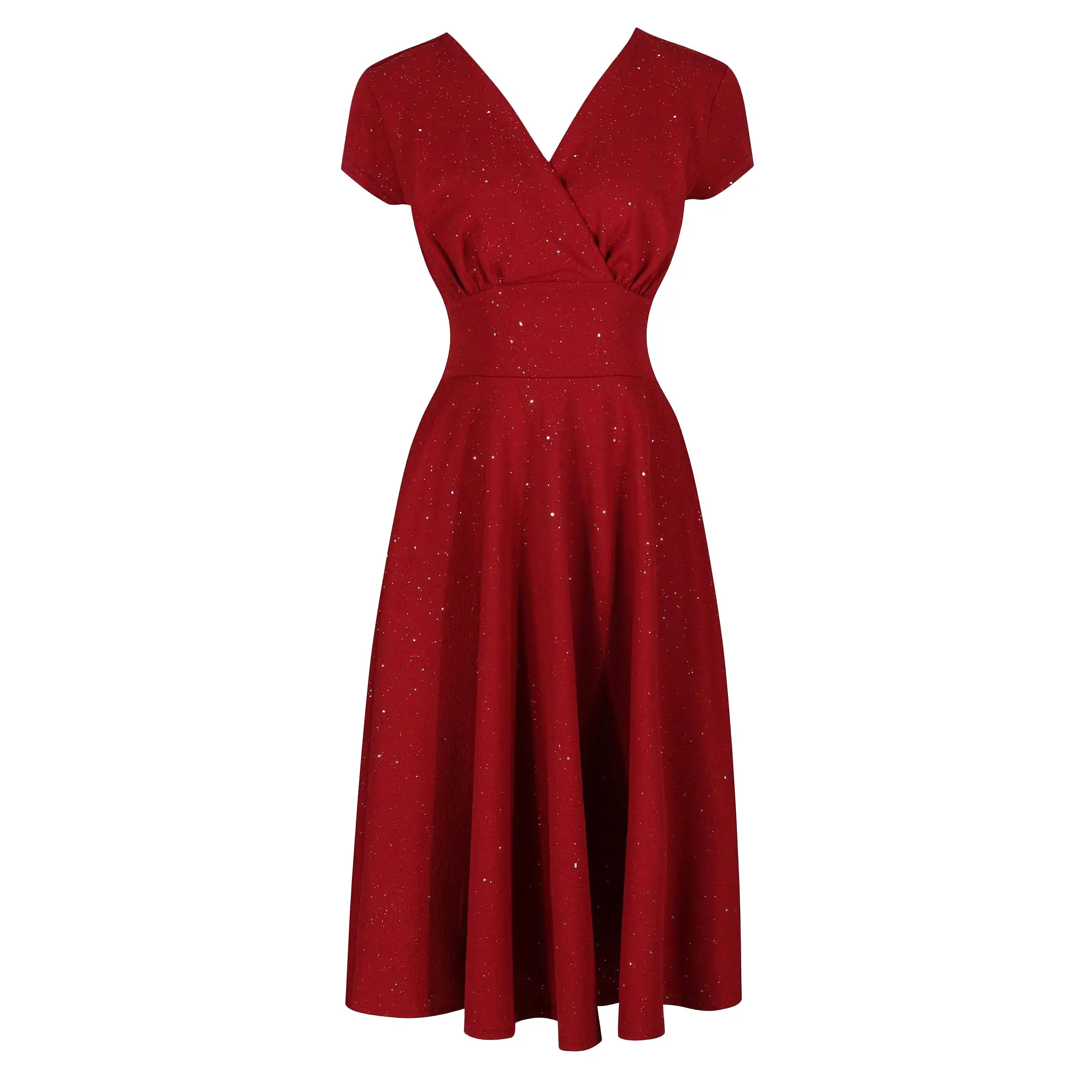 Wine Red & Sparkly Glitter A Line Crossover Top Capped Sleeve Tea Swing Dress