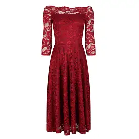 Wine Red Lace Vintage Style Swing Dress With 3/4 Sleeves & Boat Neck