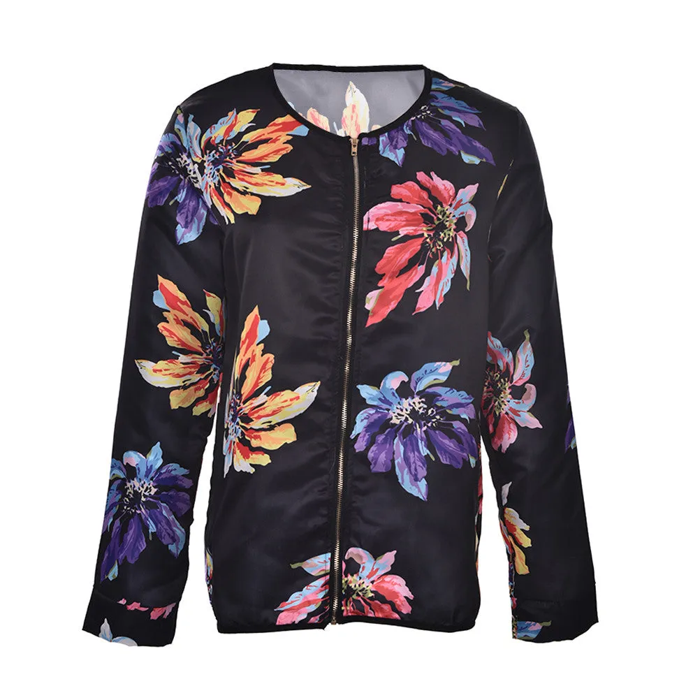 Women Black Floral Rib Long Sleeve Wide Waisted Zip Front Casual Pilot Bomber Jacket Vintage Patchwork Basic Coats SM6