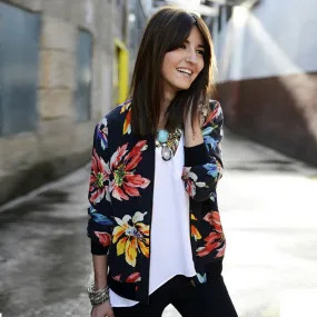 Women Black Floral Rib Long Sleeve Wide Waisted Zip Front Casual Pilot Bomber Jacket Vintage Patchwork Basic Coats SM6