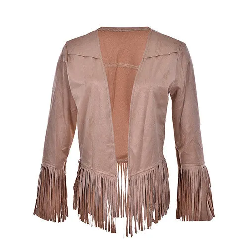 Women Jacket Short Tassel Jacket Ladies Solid Faux Suede Coat Cardigan M L XL SM6