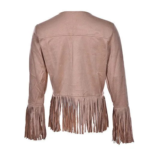 Women Jacket Short Tassel Jacket Ladies Solid Faux Suede Coat Cardigan M L XL SM6