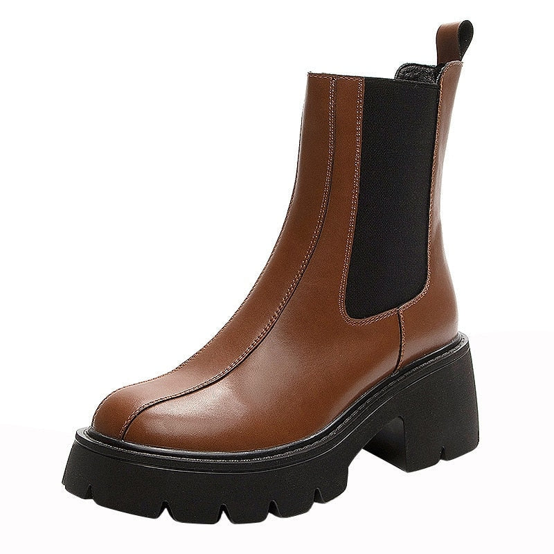 Women's 7cm Genuine Leather Non-Slip Motorcycle Platform Ankle Boots