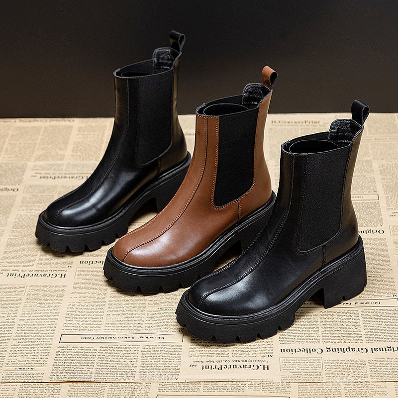 Women's 7cm Genuine Leather Non-Slip Motorcycle Platform Ankle Boots