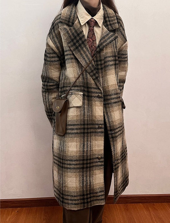 Womens plaid woolen cotton coat women's winter thickened lazy style coat knee-length cotton coat