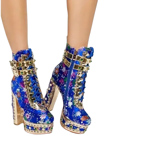 Women's Retro Floral Pattern Round Toe Platform Metal Heel Ankle Boots