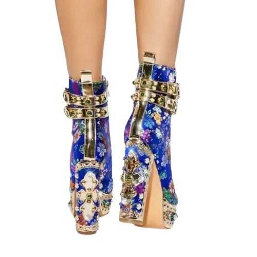 Women's Retro Floral Pattern Round Toe Platform Metal Heel Ankle Boots