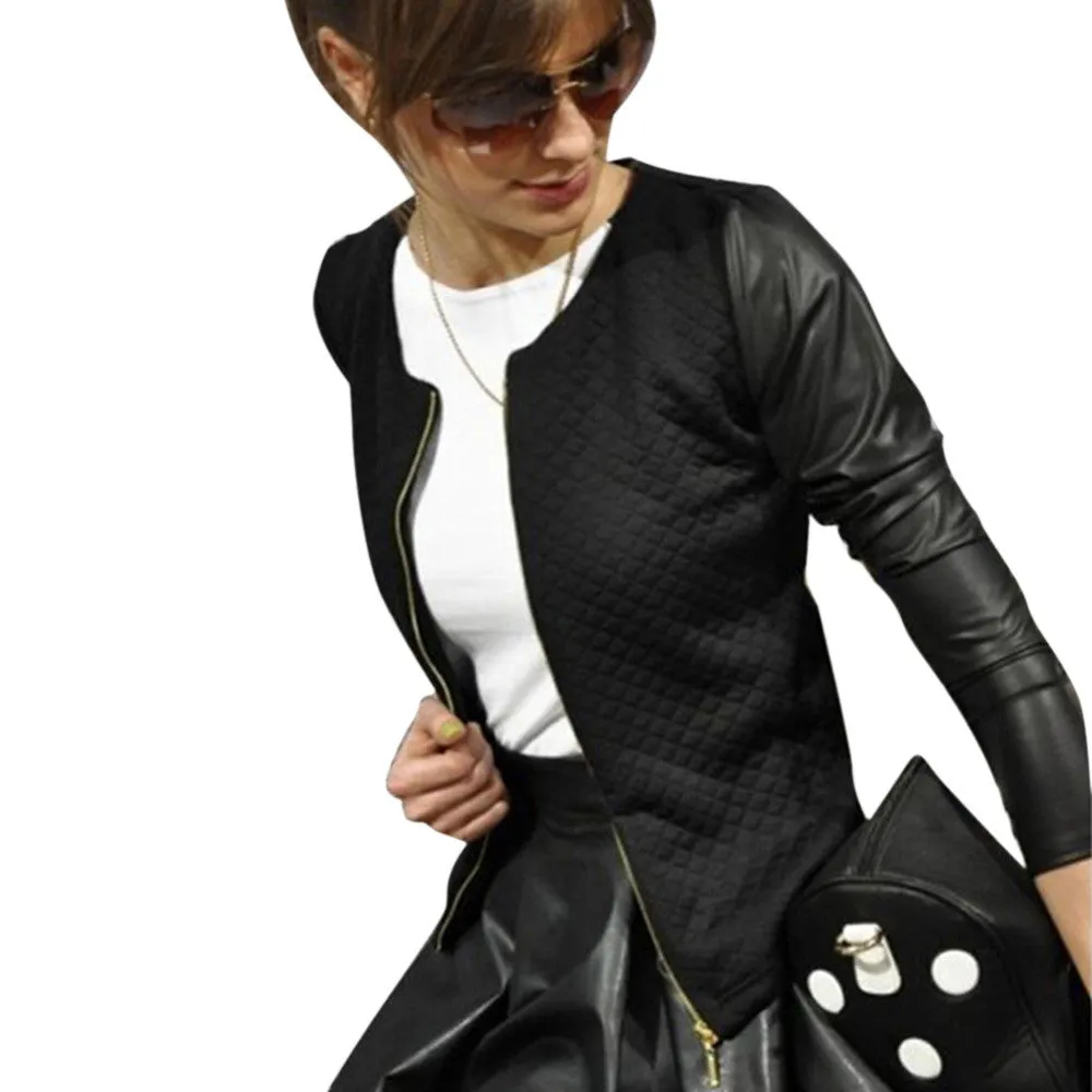 Women's Solid PU Leather Casual Slim Jacket Zipper Short Outerwear Tops SM6