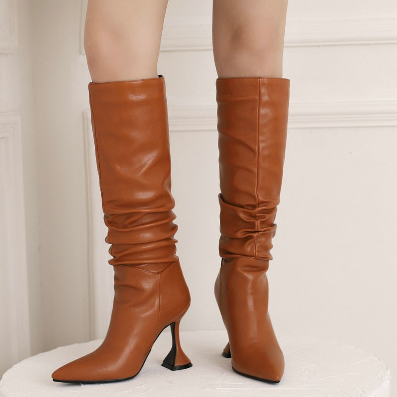 Women's Winter Sexy Pointed Toe Solid Pattern Stiletto Knee High Boots