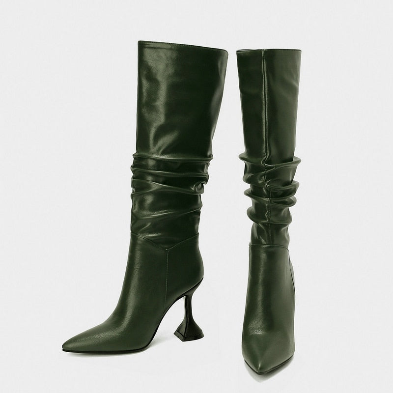 Women's Winter Sexy Pointed Toe Solid Pattern Stiletto Knee High Boots