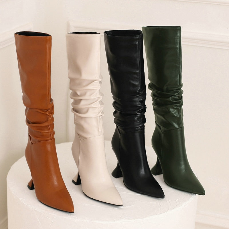 Women's Winter Sexy Pointed Toe Solid Pattern Stiletto Knee High Boots