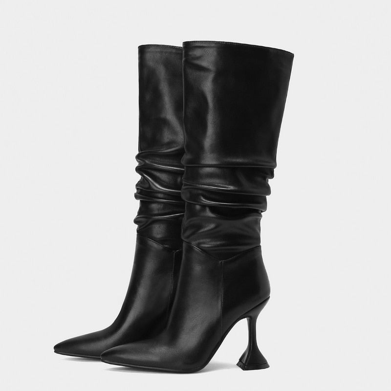 Women's Winter Sexy Pointed Toe Solid Pattern Stiletto Knee High Boots